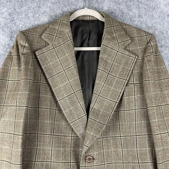 Vintage Hardy Amies Blazer Sport Coat Mens 40R Tan Plaid Wide Lapel Academia